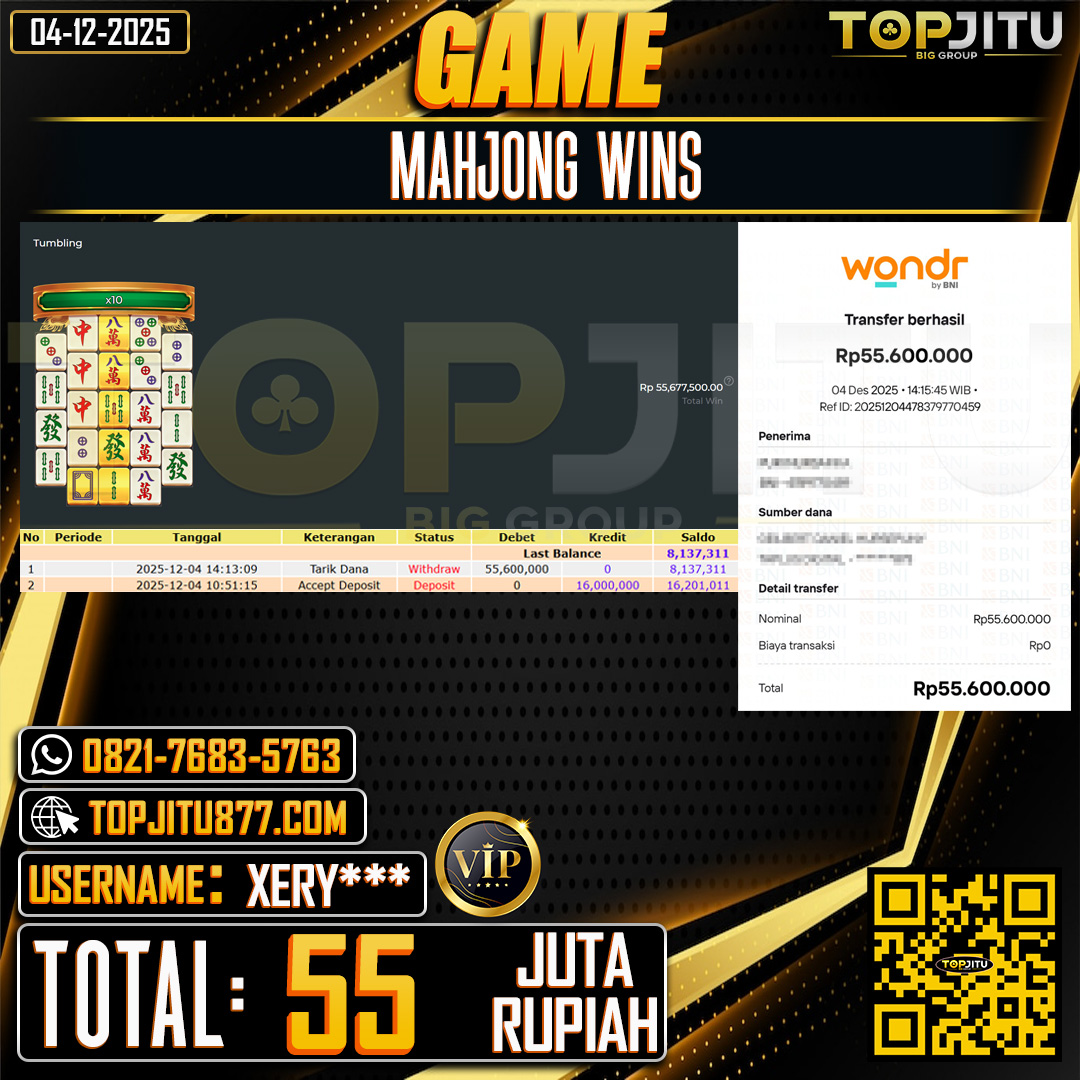      TOPJITU JACKPOT  SLOT MAHJONG WINS  Rp.55.000.000 ,- LUNAS USER ID: XERY***