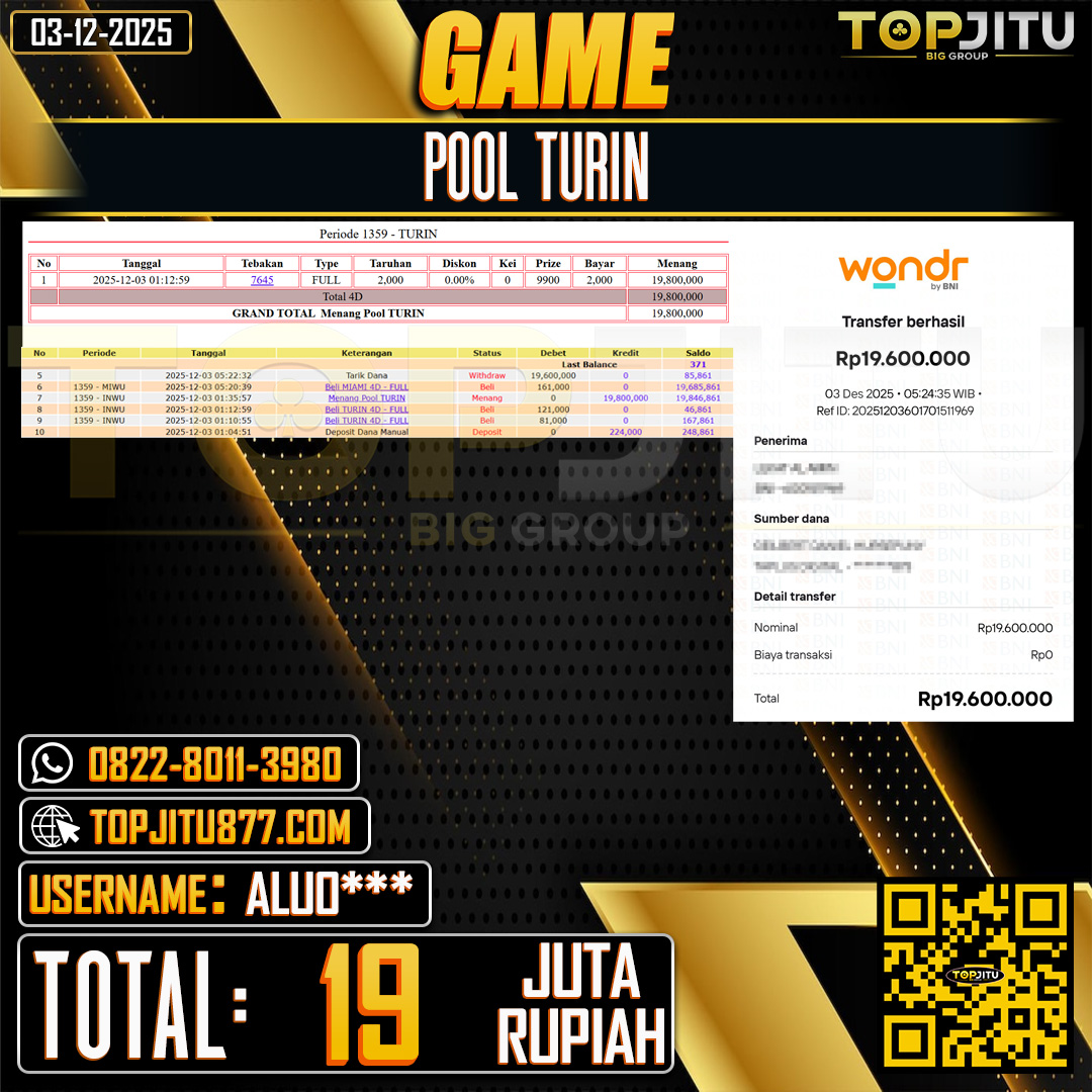     TOPJITU JACKPOT TOGEL  PASARAN TURIN Rp.19.000.000 ,- LUNAS USER ID: ALUO***
