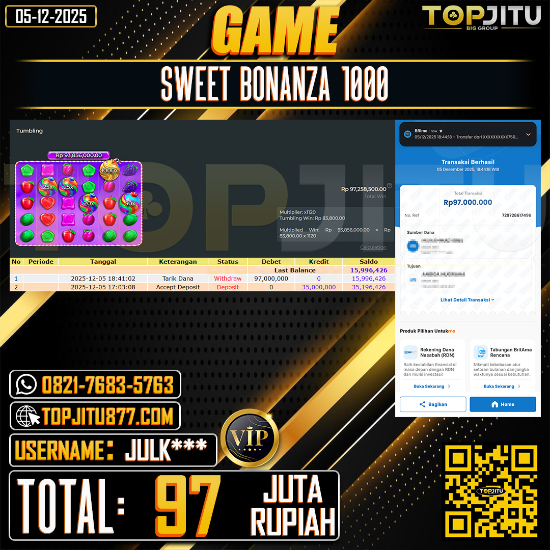      TOPJITU JACKPOT SLOT SWEET BONANZA 1000 Rp.97.000.000 ,- LUNAS USER ID: JULK***
