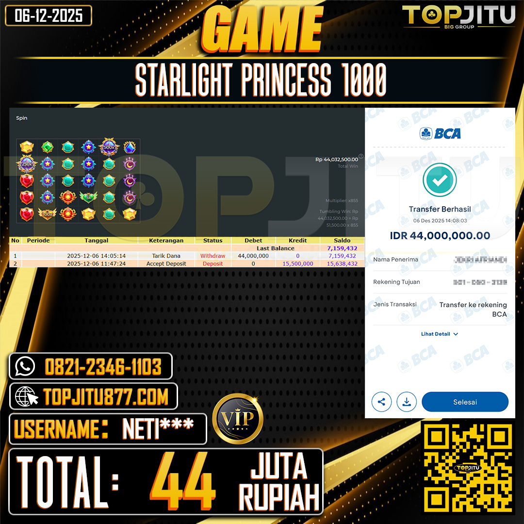      TOPJITU JACKPOT SLOT STARLIGHT PRINCESS 1000 Rp.44.000.000 ,- LUNAS USER ID: NETI***