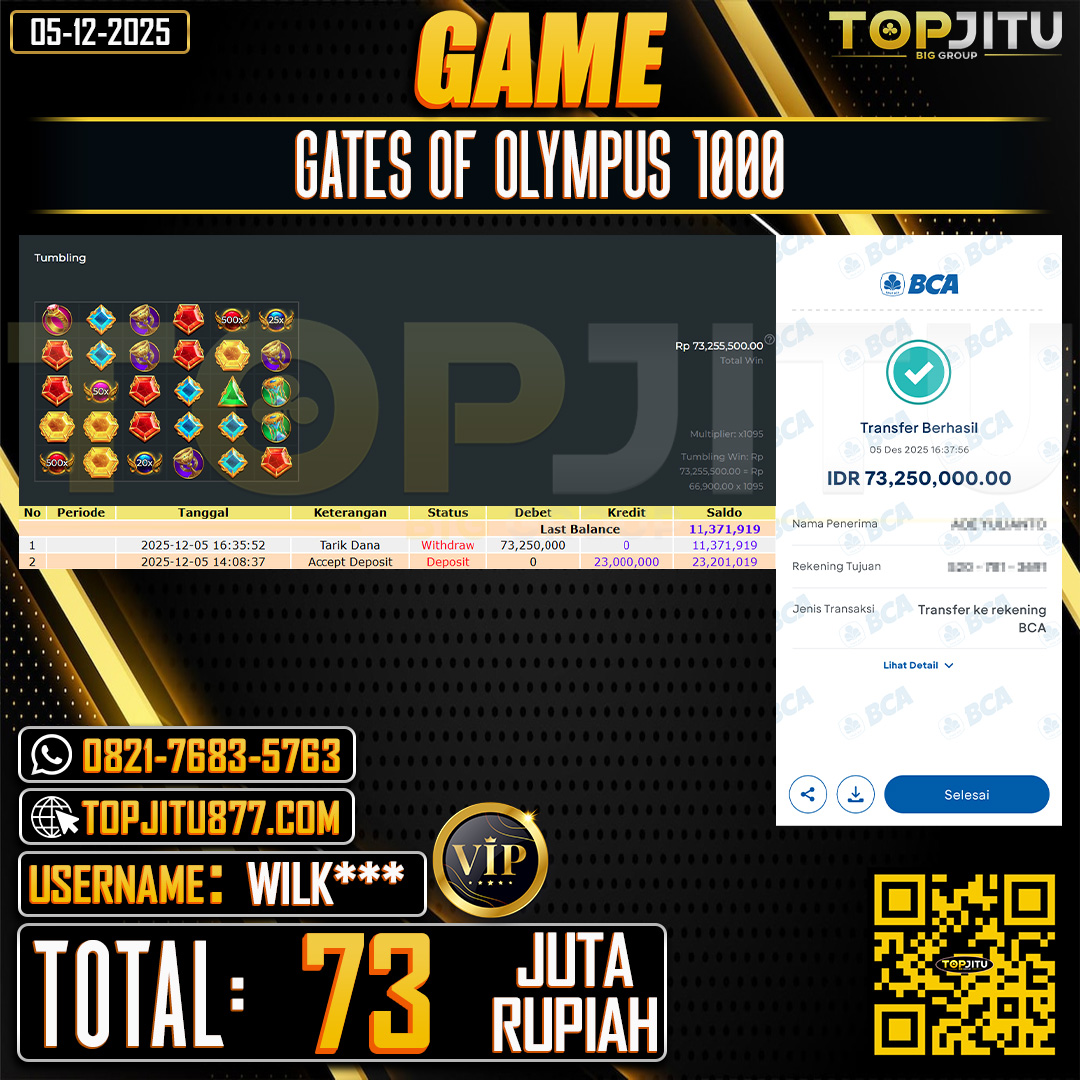      TOPJITU JACKPOT SLOT GATES OF OLYMPUS 1000 Rp.73.000.000 ,- LUNAS USER ID: WILK***