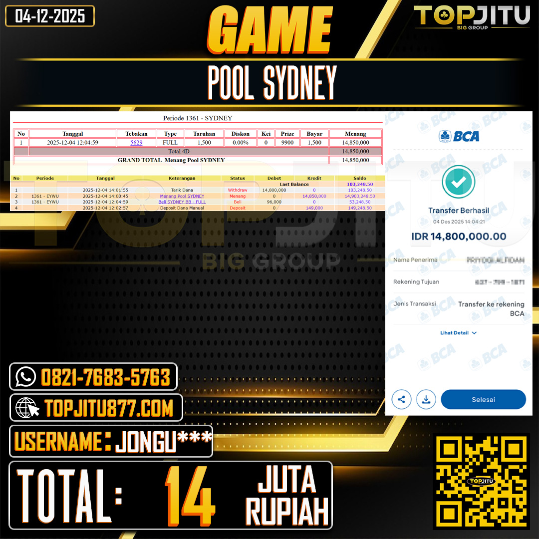      TOPJITU JACKPOT TOGEL PASARAN SYDNEY  Rp.14.000.000 ,- LUNAS USER ID: JONGU***